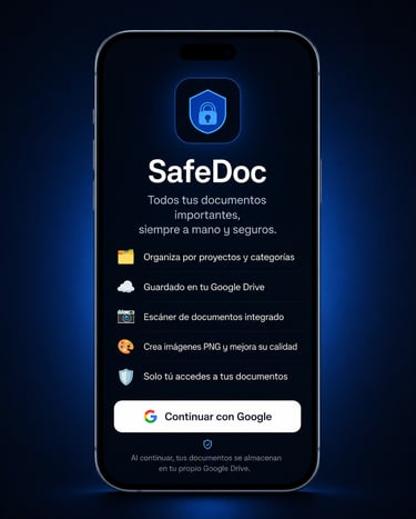Vista previa de la aplicación SafeDoc en un móvil, mostrando funciones de gestión documental segura,