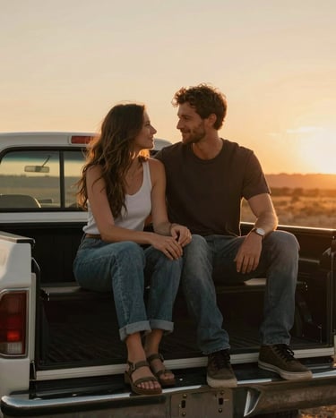 Intimate portrait of a couple sitting on the back of a vintage pickup truck during a North American sunset, warm sun-drenched tones, candid and cinematic style.