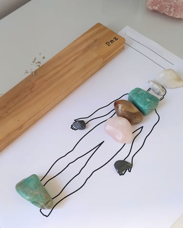 uma fileira de cristias sobre um desenho representando os chakaras de uma pessoa