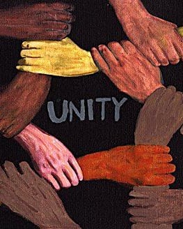 a group of hands holding hands with the words unity