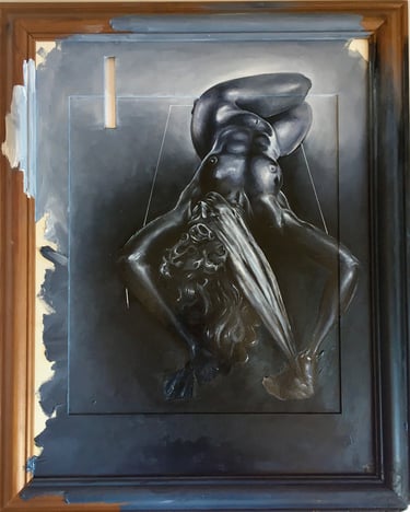 oil painting. Nude female lying on line drawn plinth, painted on canvas, mount and frame.