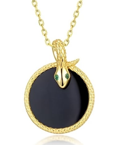 Egyptian Revival Snake Necklace Onyx Pendant Inlay with Moissanite in 14kt Gold