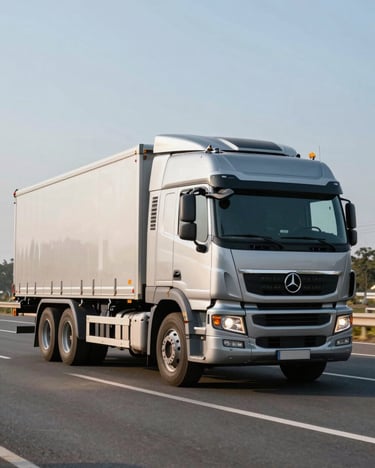 A pristine modern heavy-duty cargo truck on a clean highway under crisp daylight, cool steel tones with gold highlights, sharp focus, industrial corporate photography
