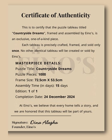 Certificate of Authenticity beside a luxury handcrafted artwork, emphasizing originality.