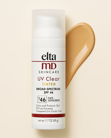  EltaMD UV Clear tinted sunscreen SPF 46 with a beige swatch on a neutral background