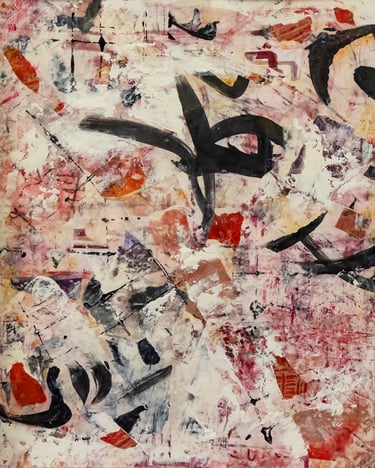 Abstract expressionist painting with textured layers of white, red, and black calligraphic brushstrokes.