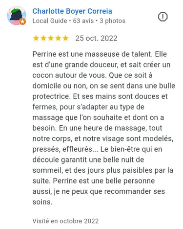 avis d'une personne partagé sur GMB 5 étoiles