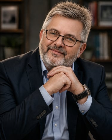 Portrait professionnel d'un cadre supérieur masculin portant des lunettes et un blazer bleu marine