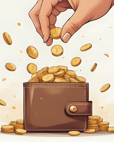 illustration d'une main et d'un porte monnai eplein d'argent