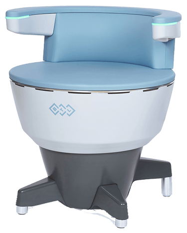BTL Emsella chair that is round and light cyan 