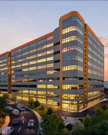 Modern 10-storey ramp-up B2 industrial development building facade at Tukang Innovation Drive, Juron