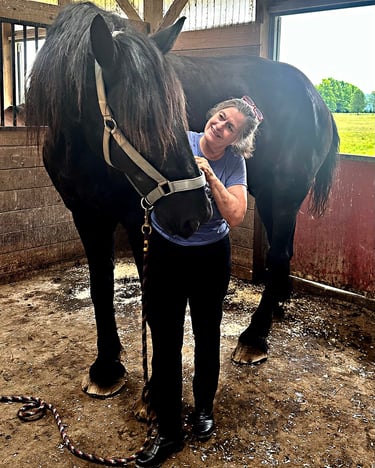 Danna Antoine, certified bodyworker, connecting with a huge draft horse during a bodywork session.