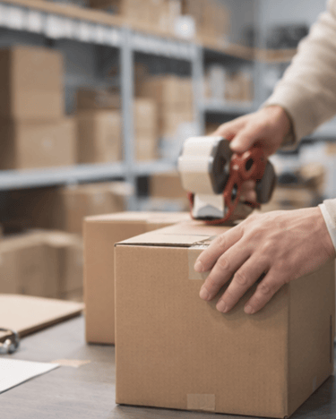 Warehouse worker sealing a cardboard box for fast online order delivery in Iraq