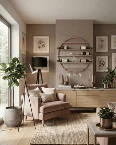 Modern living room featuring a pink velvet armchair, circular wine rack, and indoor plants.