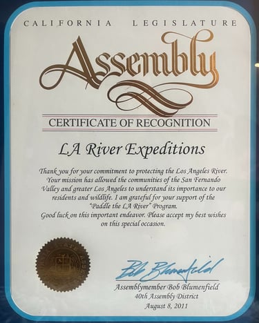 California Legislature Assembly certificate of recognition awarded to LA River Expeditions in 2011.