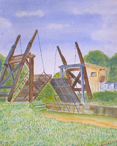 Original watercolor painting of the Langlois Bridge in Arles, France, showing the bridge structure