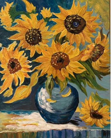 Original painting depicting a bouquet of sunflowers arranged in a vase.