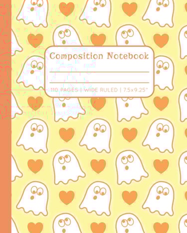 ORANGE-YELLOW COMPOSITION NOTEBOOK - Cute Ghosts & Hearts