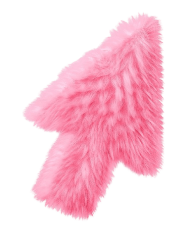 A pink fuzzy mouse cursor icon with a soft faux fur texture isolated on a black background.