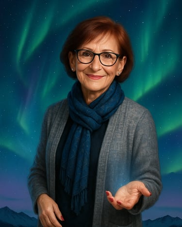 Cat Smith, The Lazy Psychic, holding her hands open with a soft glow, under the northern lights.