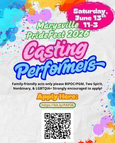 Marysville PrideFest 2026 flyer casting performers for their event on June 13th.