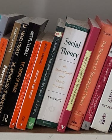 Academic books on social theory, sociological theory and sociology on a shelf.