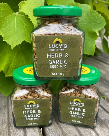 A deliciously savoury mix of seeds enhanced with garlic & herbs , ideal for sprinkling over salads