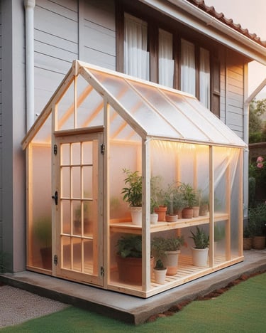 a small, wood frame greenhouse with plastic sheeting, at the side of a house at the side of a house