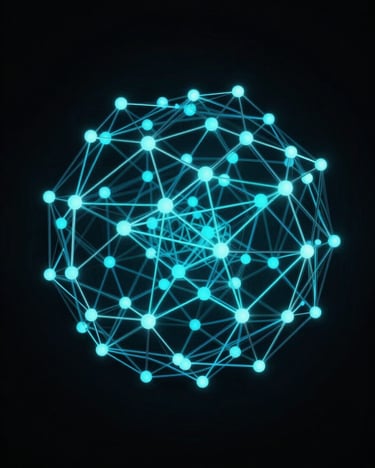 Abstract wireframe visualization of a neural network with glowing cyan nodes against a pitch black background, high-contrast