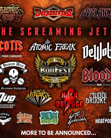 Bonfest 2027 Bon Scott Rock Festival lineup poster featuring Large Mirage and The Screaming Jets