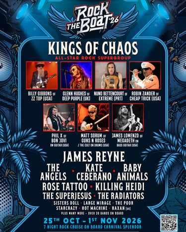 Rock the Boat 2026 poster featuring Large Mirage, Billy Gibbons, Glenn Hughes, Nuno Bettencourt