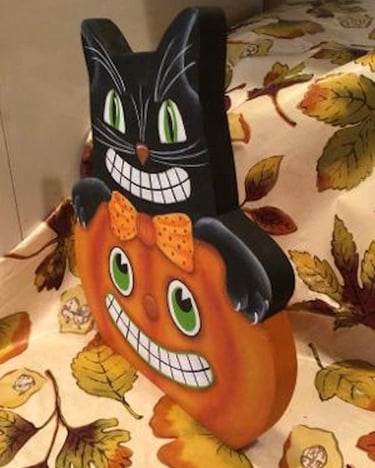 Karen Schaffert's original design called Spooky Cat & Jack, acrylics, black cat, pumpkin 