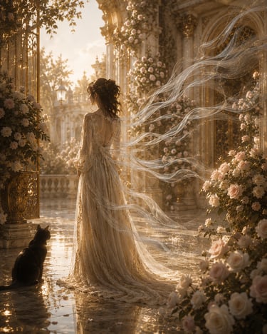 elegant woman with gray ribbons of energy coming off her inside rose filled courtyard and black cat next to her