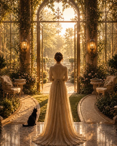 elegant woman with black cat to her left inside a beautiful home looking at garden outside