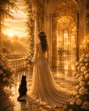 elegant woman on a golden balcony with crystal chandeliers and a black cat to her left and roses