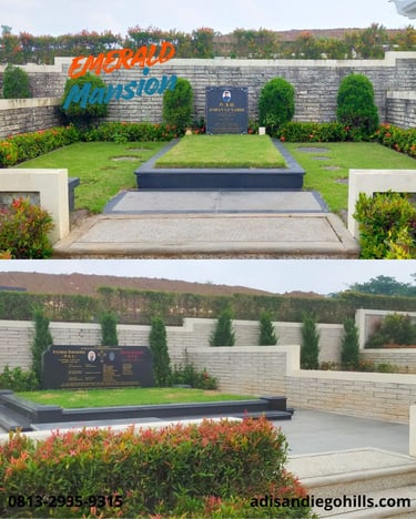 Area Emerald Mansion San Diego Hills dengan konsep makam private eksklusif, taman rapi dan premium
