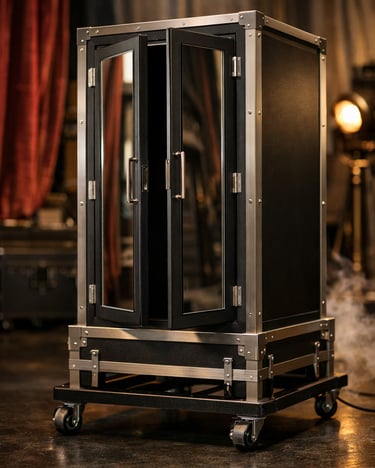 Professional magician illusion cabinet with mirrored doors and metal hardware on a stage.