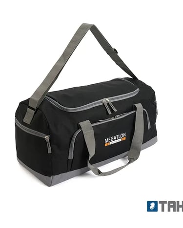 Black and grey Megatlon sports duffel bag with shoulder strap and side zipper pockets for gym or travel.