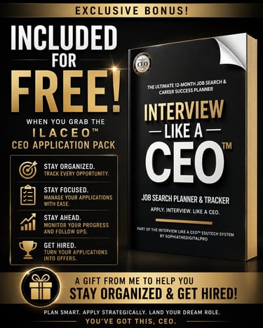 Interview Like A CEO job search planner and tracker bonus offer for career success and job applications.
