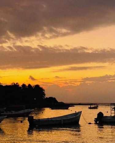 a sunset scene of boats in the water