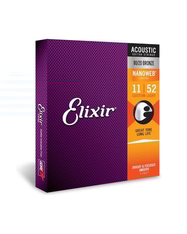 Elixir Strings 80/20 Bronze Acoustic Guitar Stings w/NANOWEB Coating, Custom Light (.011-.052)