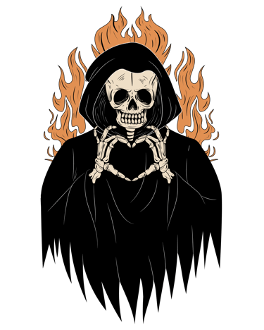 Grim Reaper skull illustration wearing a black hood making a heart sign with skeletal hands over flames.