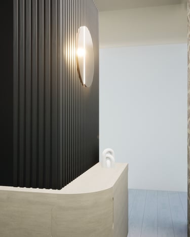 Zoom sur le mobilier sur mesure noir avec une partie arrondie et un luminaire rond