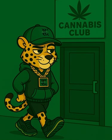Leopardo Fresh CBD caminando frente a puerta de club cannábico