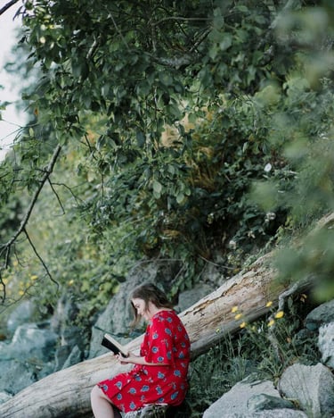 a woman in a red dress sitting on a log reading the bible