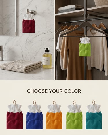 alt="Plant-based scented sachets for wardrobes and bathrooms in five available colors."