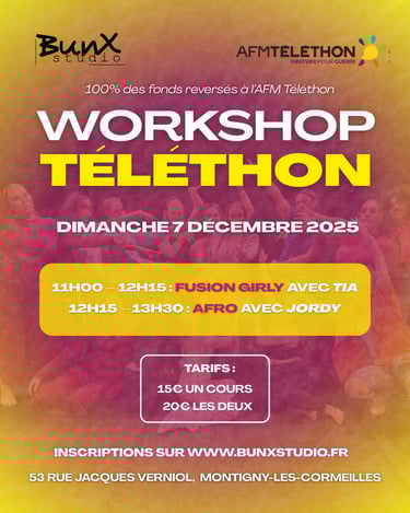 Visuel du Workshop Téléthon du Dimanche 7 décembre 2025 au Bunx Studio