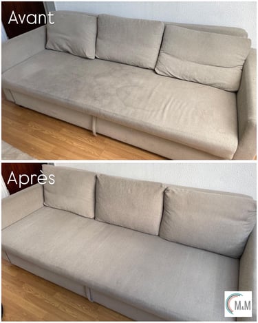 Avant après shampouinge d'une assise de canapé blanche nettoyage en profondeur à Rouen M&M Services 