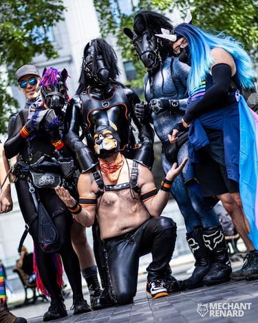 Animal players posing in full gear and masks.
