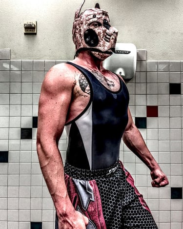 Man in speckled pup mask.